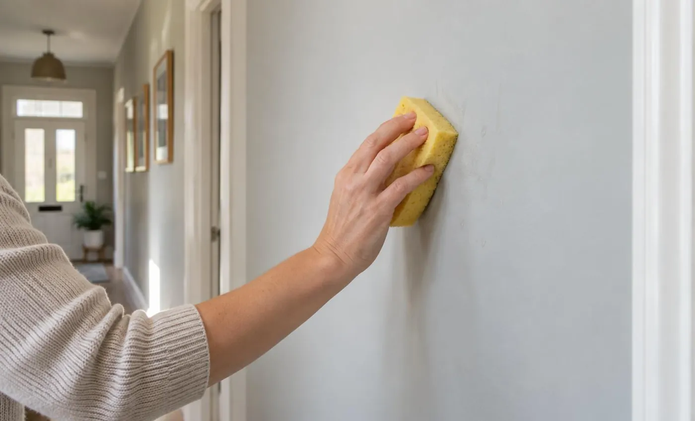 KI-generierte Illustration: abwaschbare graue Wandfarbe im Flur