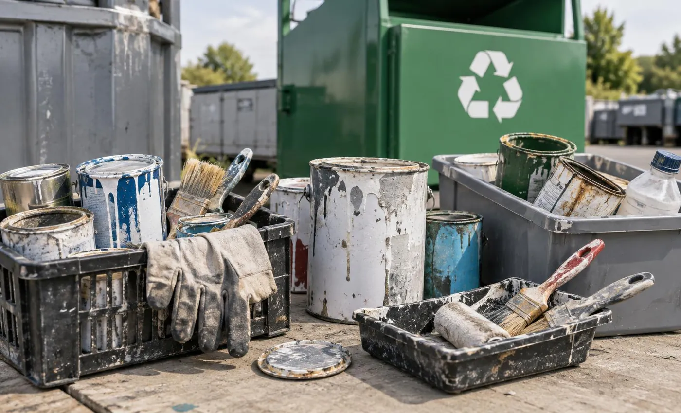 KI-generierte Illustration: Alte Farbdosen und Pinsel zur Entsorgung an einer Recycling-Sammelstelle