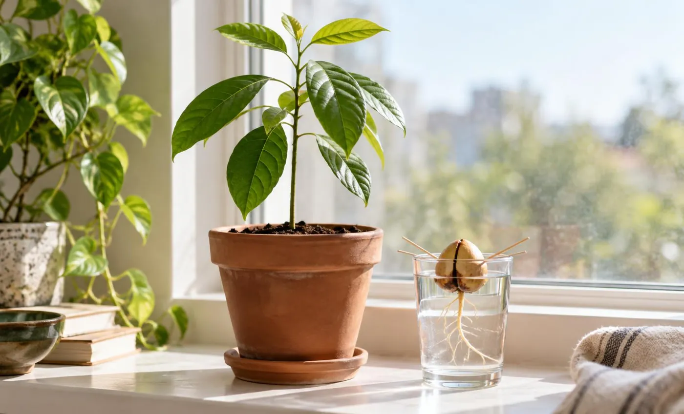 KI-generierte Illustration: junger Avocadobaum im Topf am Fenster