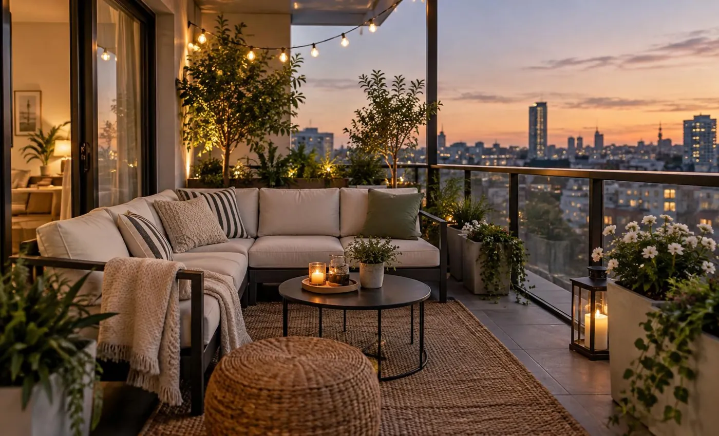 KI-generierte Illustration: Balkon als gemütliches Wohnzimmer