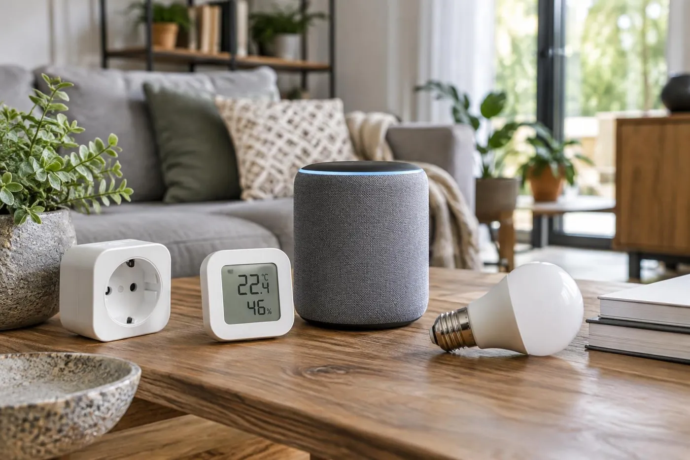 KI-generierte Illustration: Smart-Home-Zubehör mit Steckdose, Sensor und Leuchtmittel