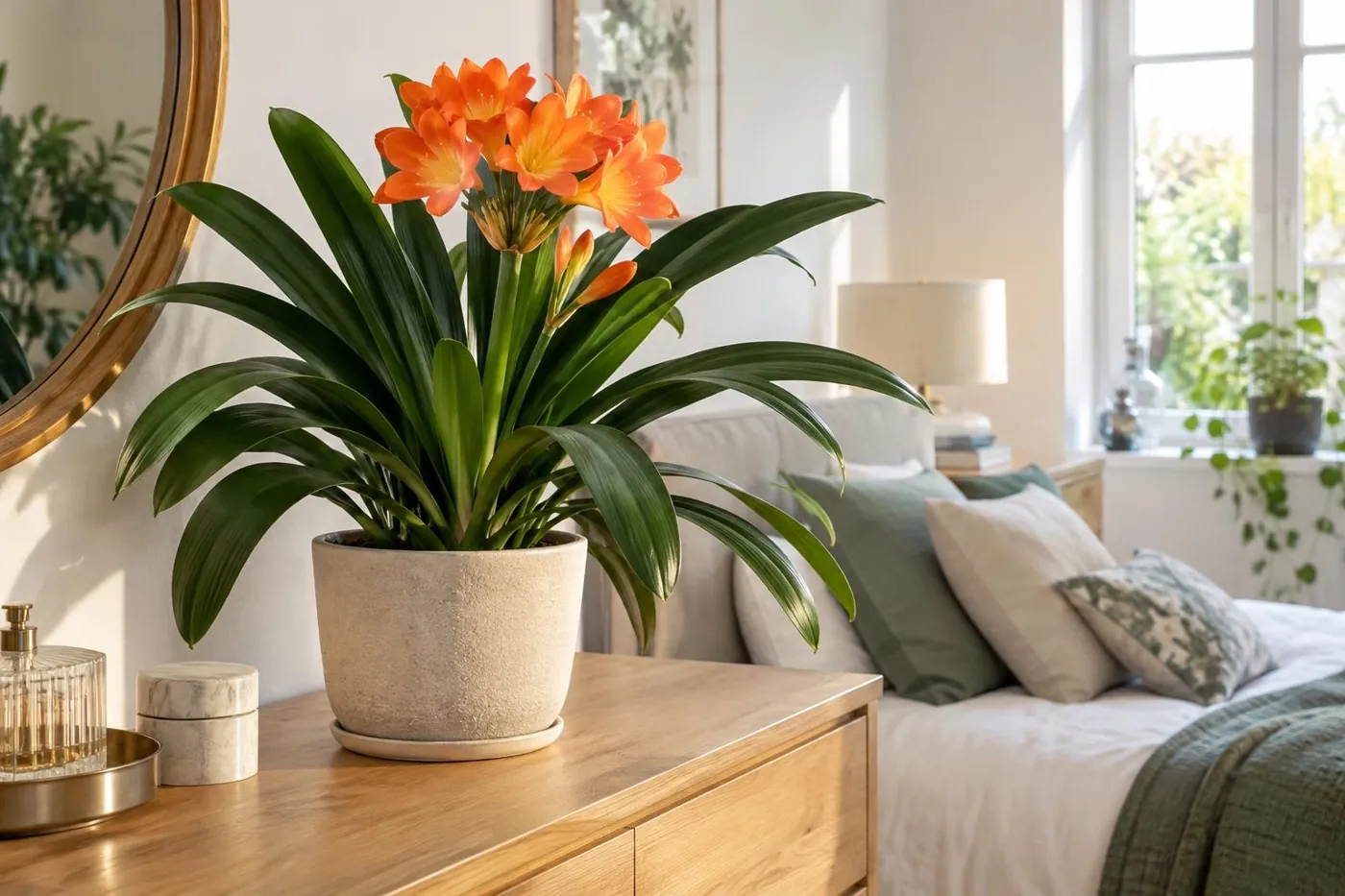 KI-generierte Illustration: Blühende Clivia auf einer Kommode im Schlafzimmer