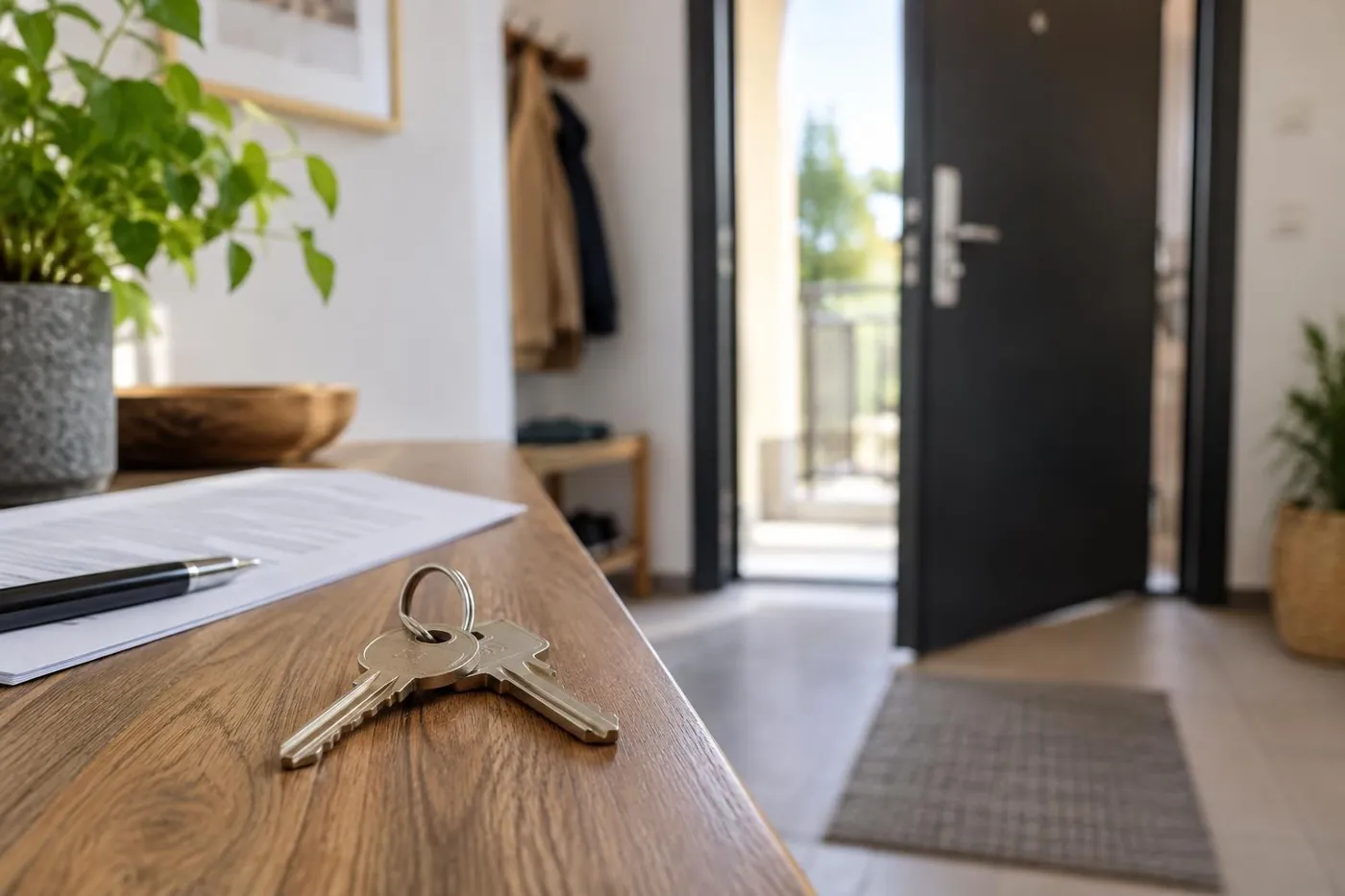 KI-generierte Illustration: Wohnungsschlüssel neben Mietunterlagen