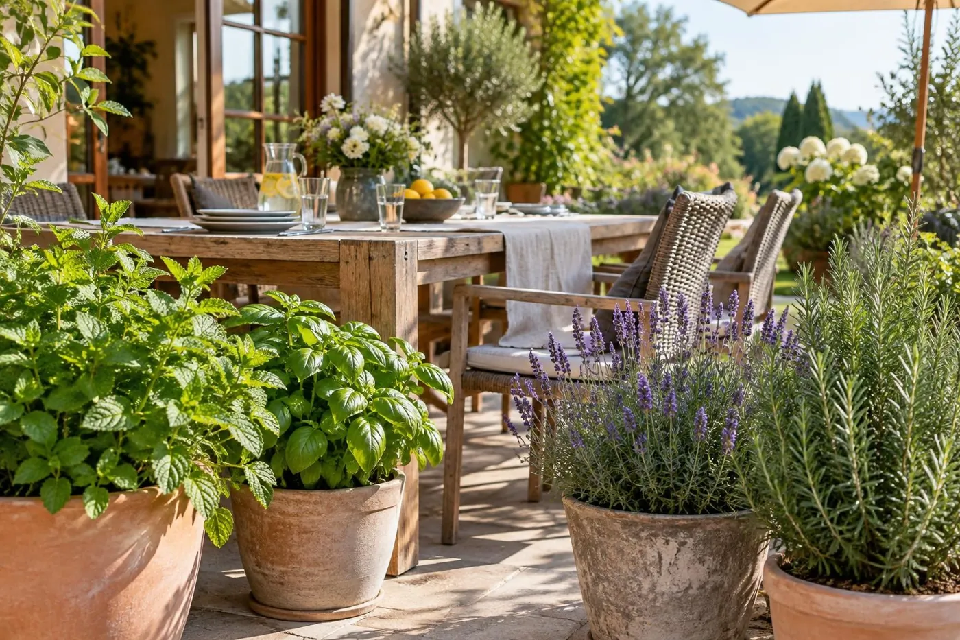 KI-generierte Illustration: Terrasse mit Kräutertöpfen aus Minze, Basilikum und Lavendel