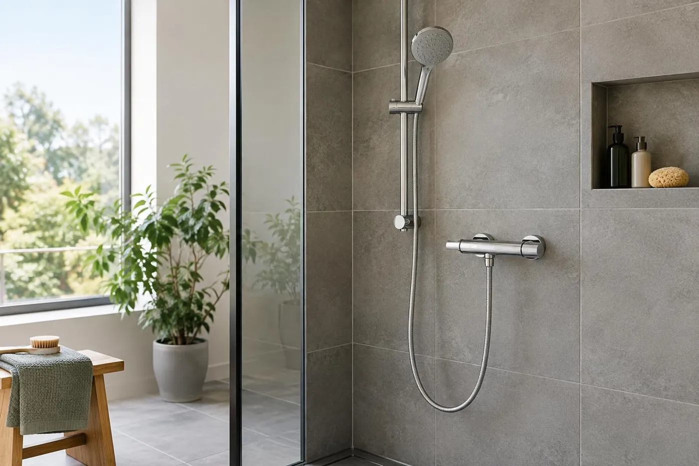 KI-generierte Illustration: Duscharmatur und höhenverstellbare Handbrause in einer Dusche