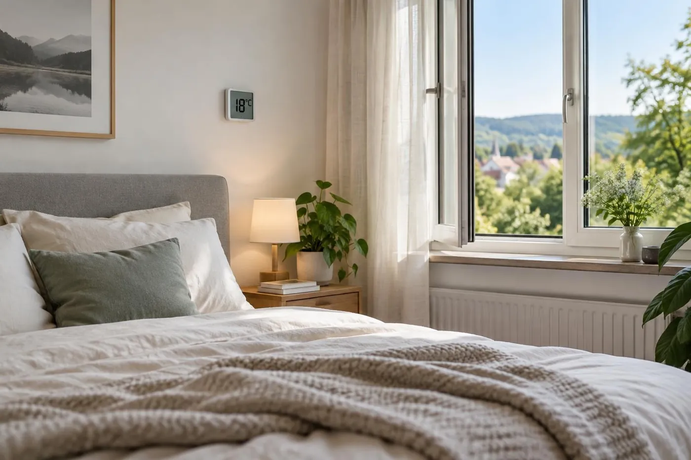 KI-generierte Illustration: Schlafzimmer mit Thermometer für eine angenehme Raumtemperatur