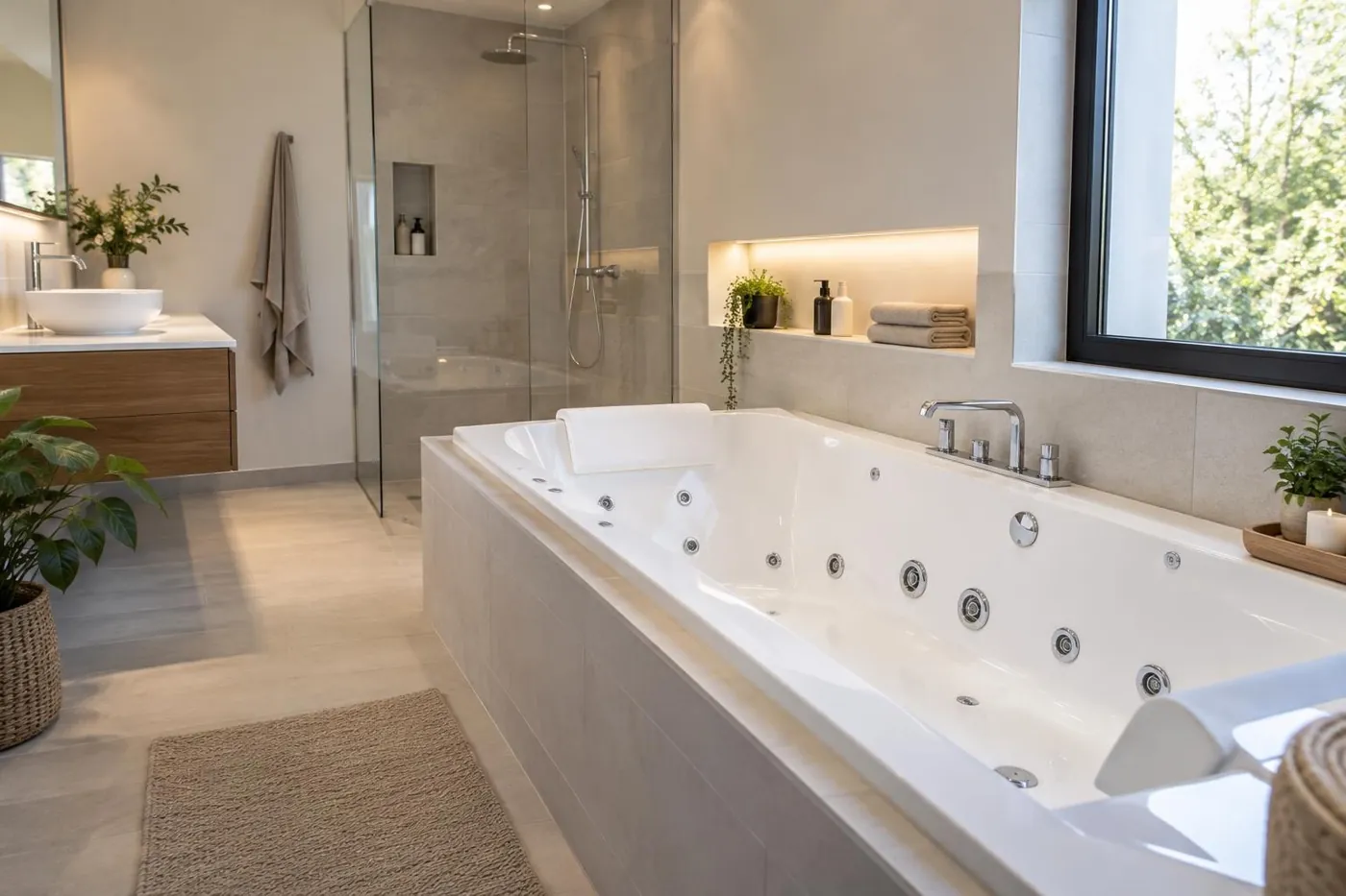 KI-generierte Illustration: Whirlpool-Badewanne mit sichtbaren Massagedüsen
