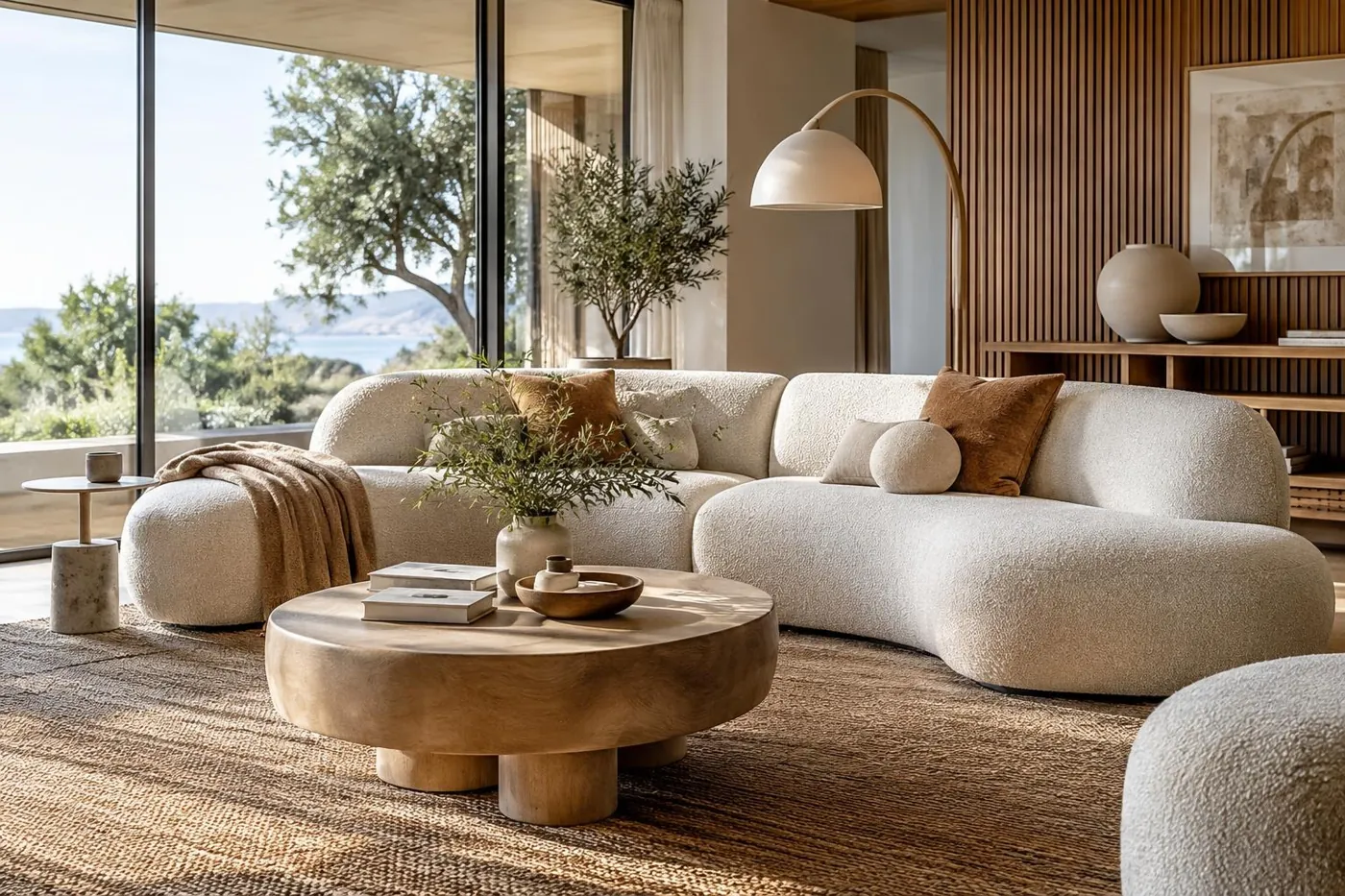 KI-generierte Illustration: Modernes geschwungenes Sofa mit strukturiertem Bezug
