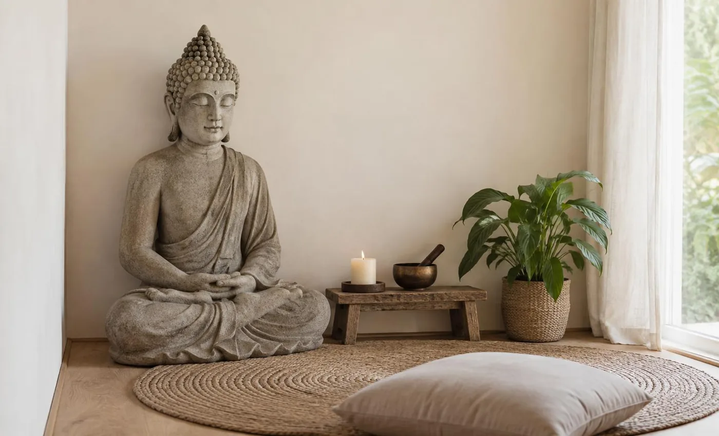 KI-generierte Illustration: Buddha-Statue in einer Meditationsecke