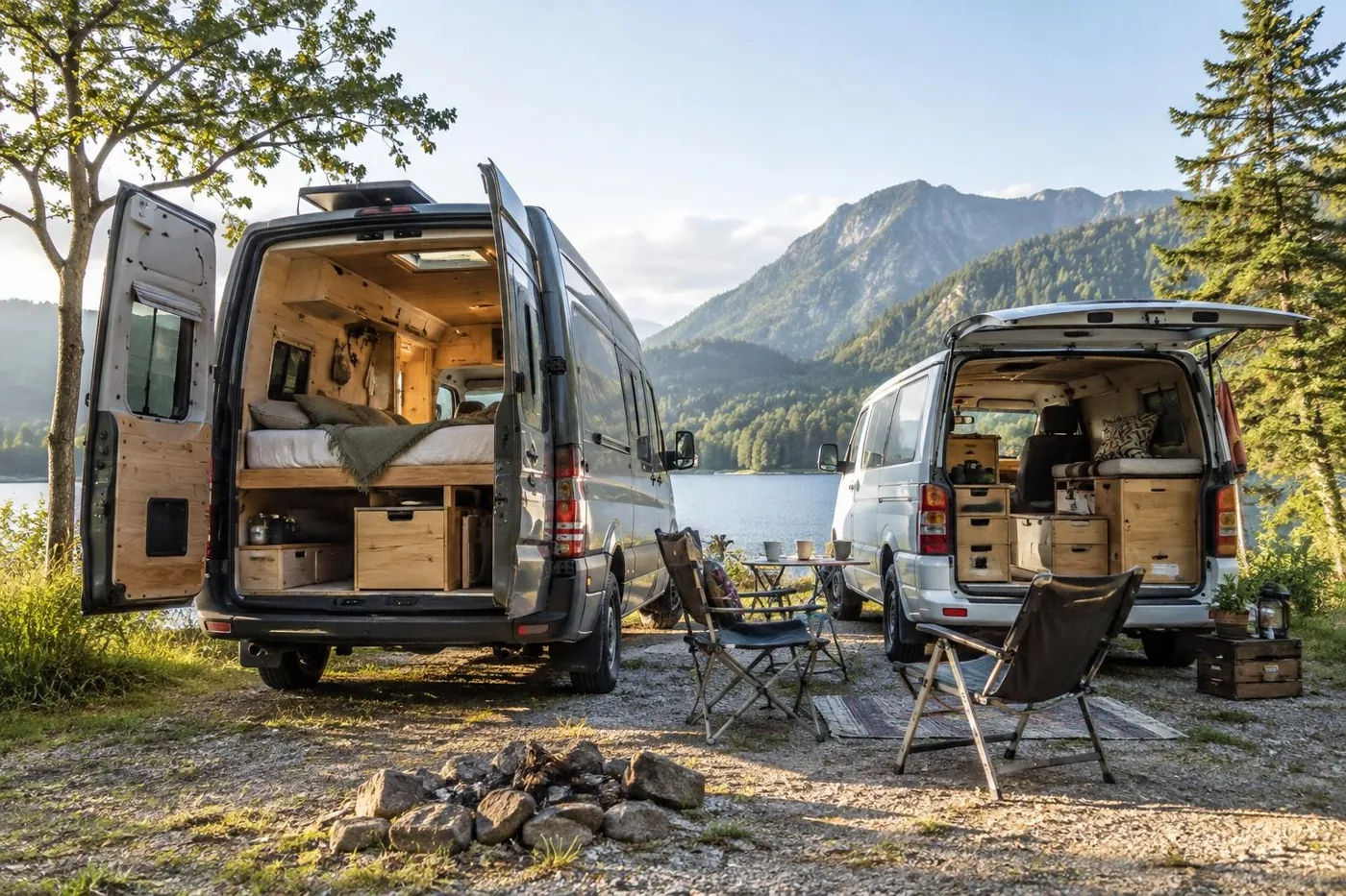 KI-generierte Illustration: Zwei ausgebaute Campingvans mit individuellen Holzeinbauten