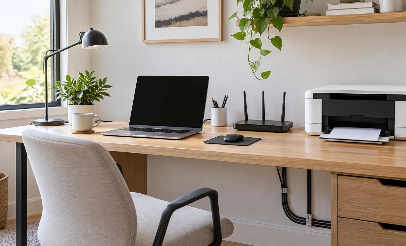 KI-generierte Illustration: Home Office mit Drucker und WLAN-Router