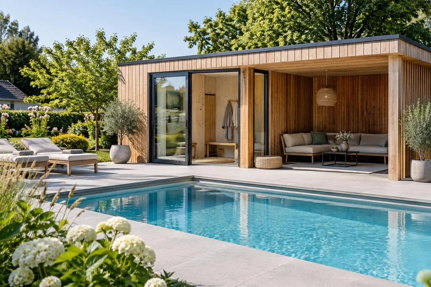 KI-generierte Illustration: Poolhaus aus Holz neben einem privaten Gartenpool