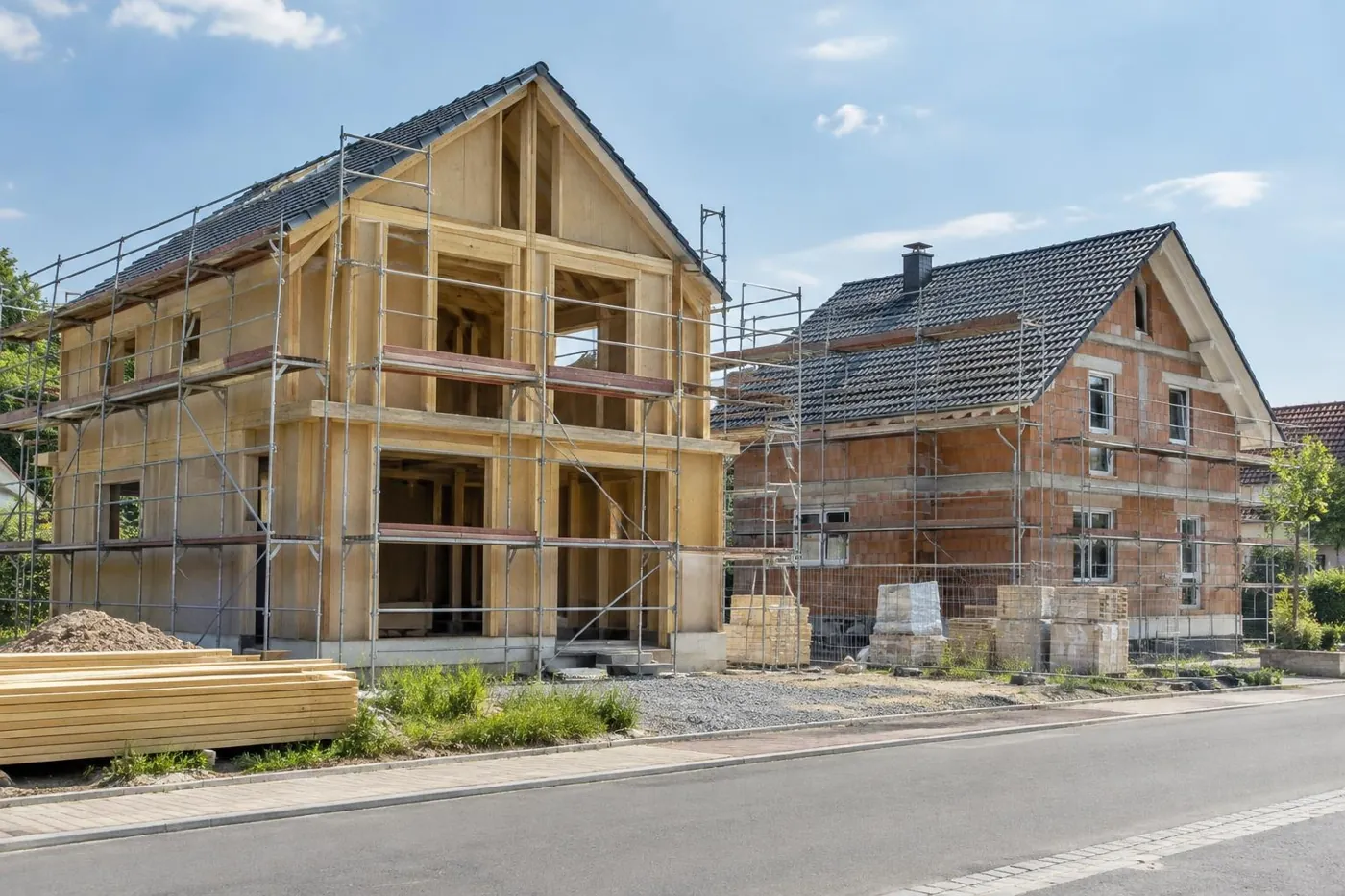 KI-generierte Illustration: Fertighaus in Holzbauweise neben einem gemauerten Haus im Bau