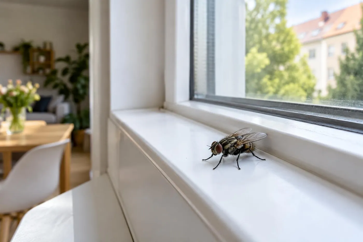 KI-generierte Illustration: Stubenfliege am Fensterrahmen einer Wohnung