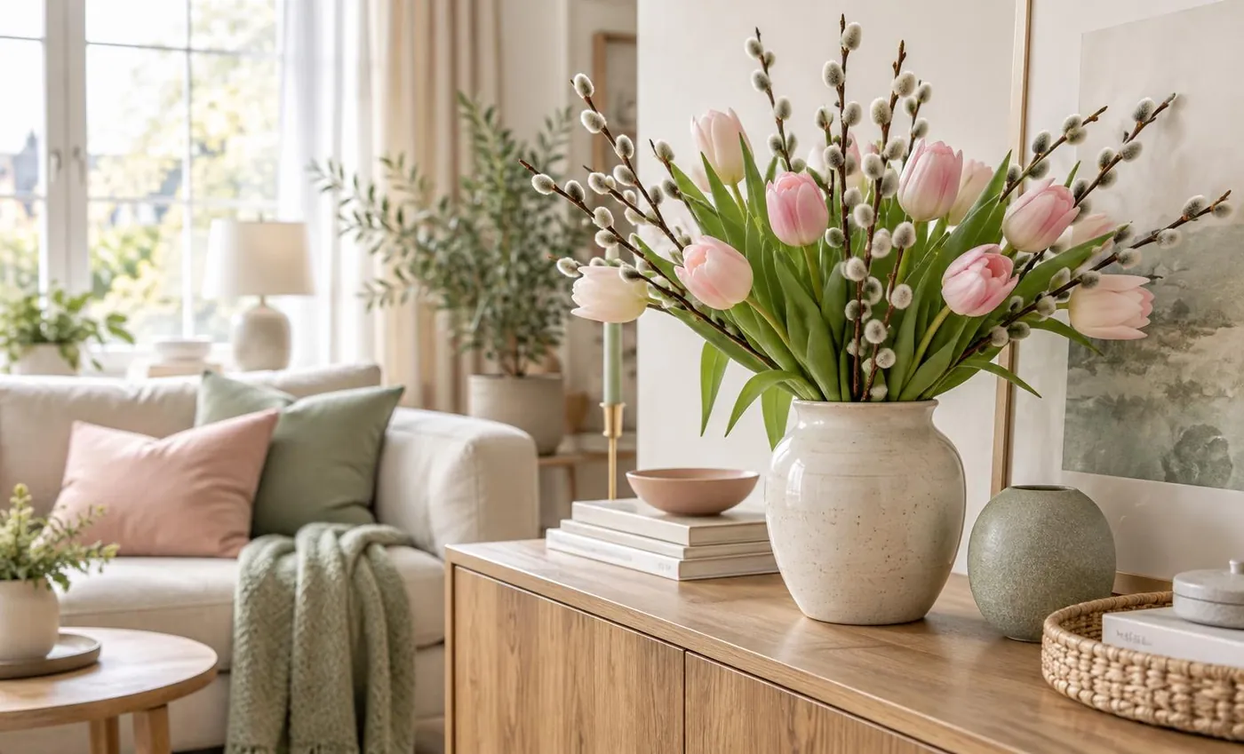KI-generierte Illustration: Frühlingsdekoration mit Tulpen und Weidenkätzchen auf einem Sideboard im hellen Wohnzimmer