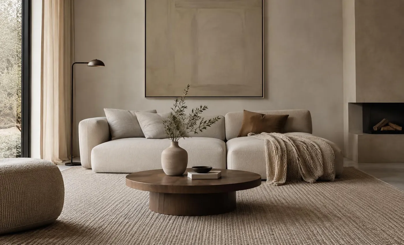 KI-generierte Illustration: Gemütliches minimalistisches Wohnzimmer