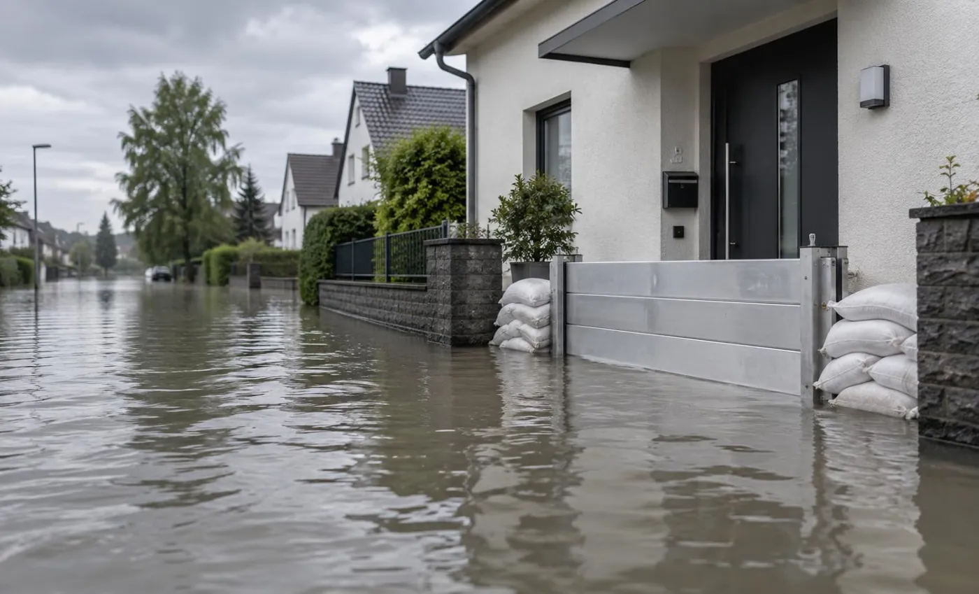 KI-generierte Illustration: Haus mit mobiler Hochwasserschutzwand und Sandsäcken