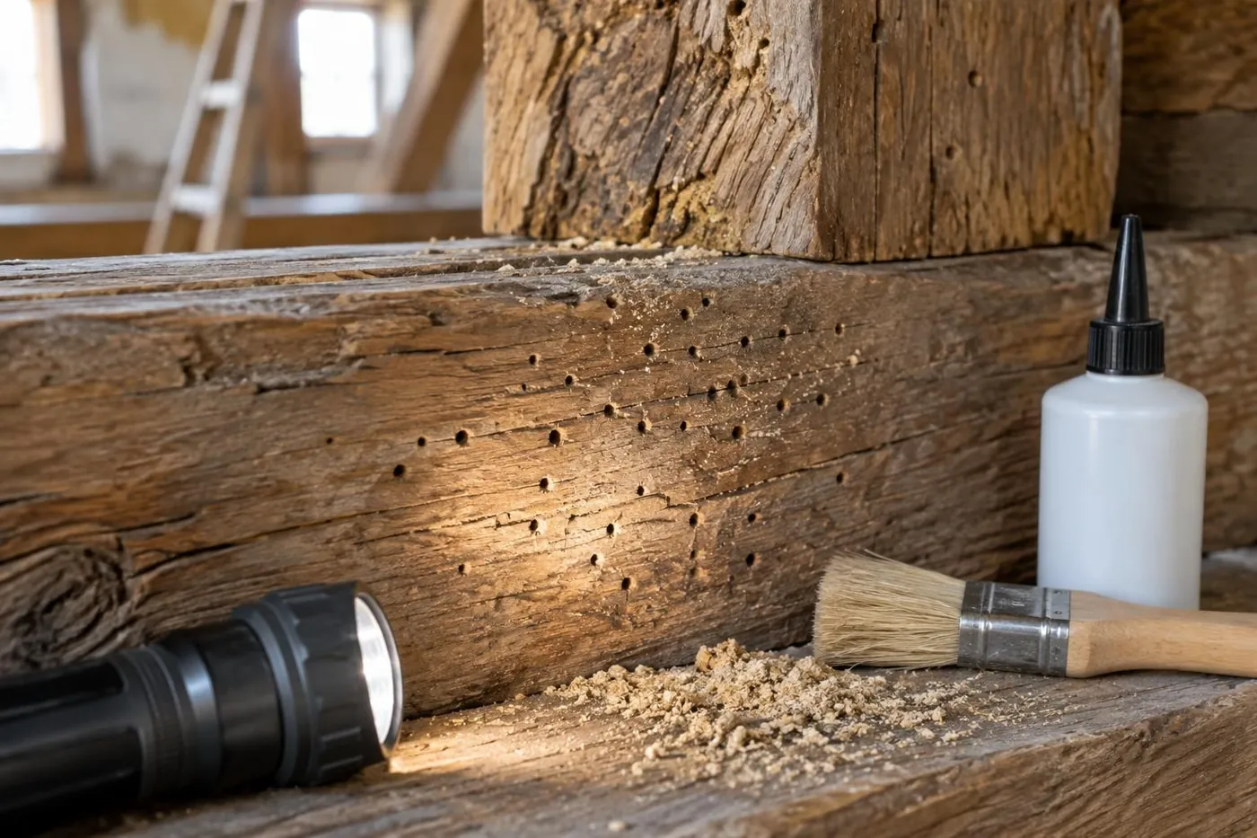 KI-generierte Illustration: Holzbalken mit Holzwurmlöchern und Holzmehl