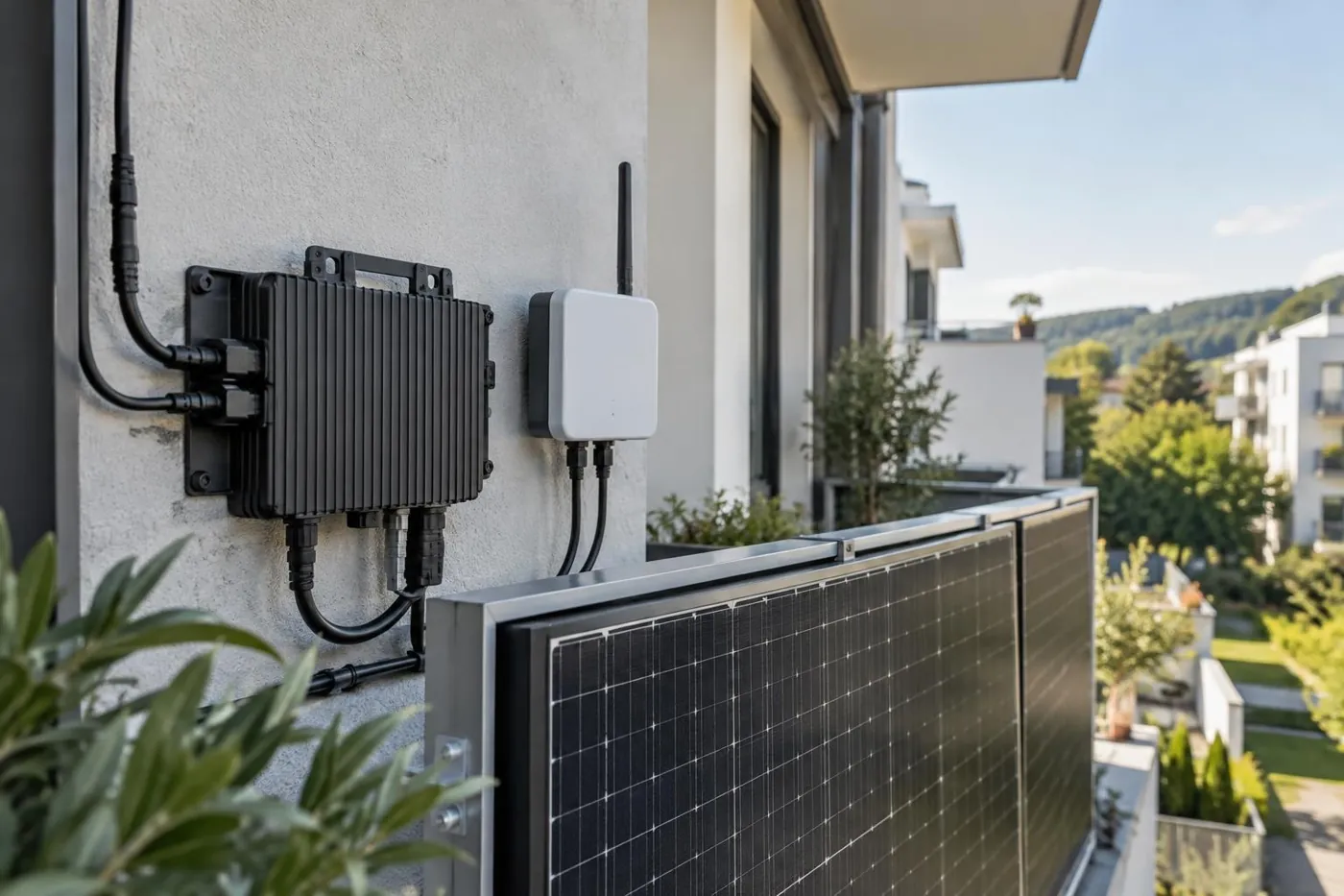 KI-generierte Illustration: Symbolische Darstellung eines Solarwechselrichters mit Kommunikationsmodul