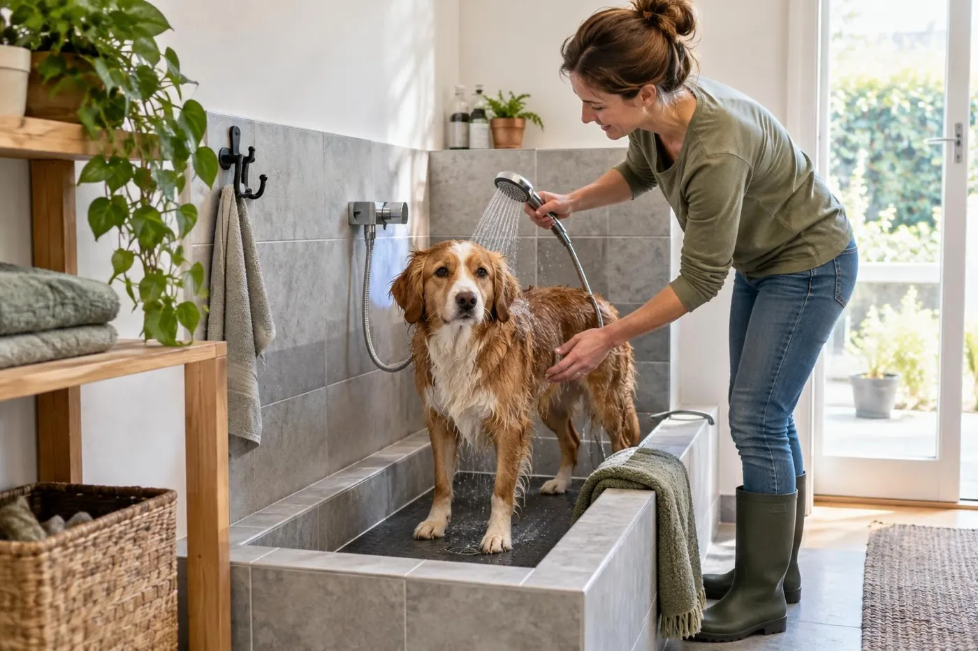 KI-generierte Illustration: Hundedusche im Haus mit Handbrause und rutschfestem Boden