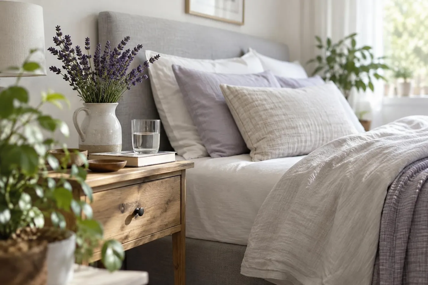 KI-generierte Illustration: Helles Schlafzimmer mit Lavendel auf dem Nachttisch