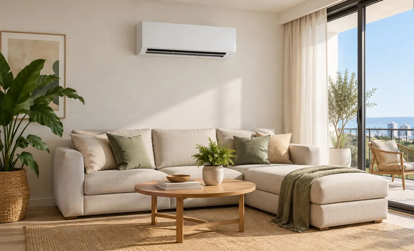 KI-generierte Illustration: Wohnzimmer mit Split-Klimaanlage
