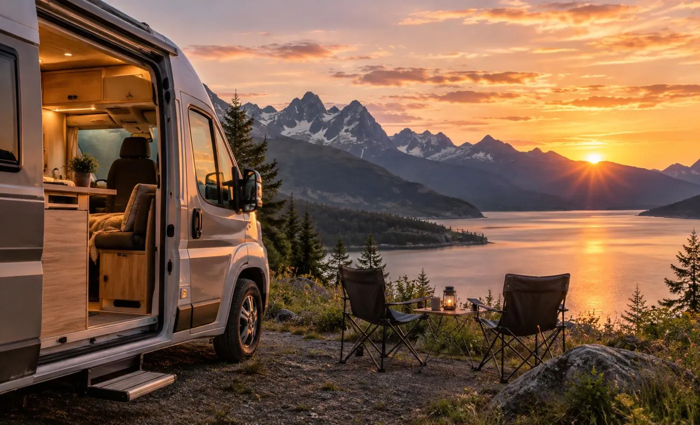 KI-generierte Illustration: Wohnmobil am Bergsee bei Sonnenuntergang