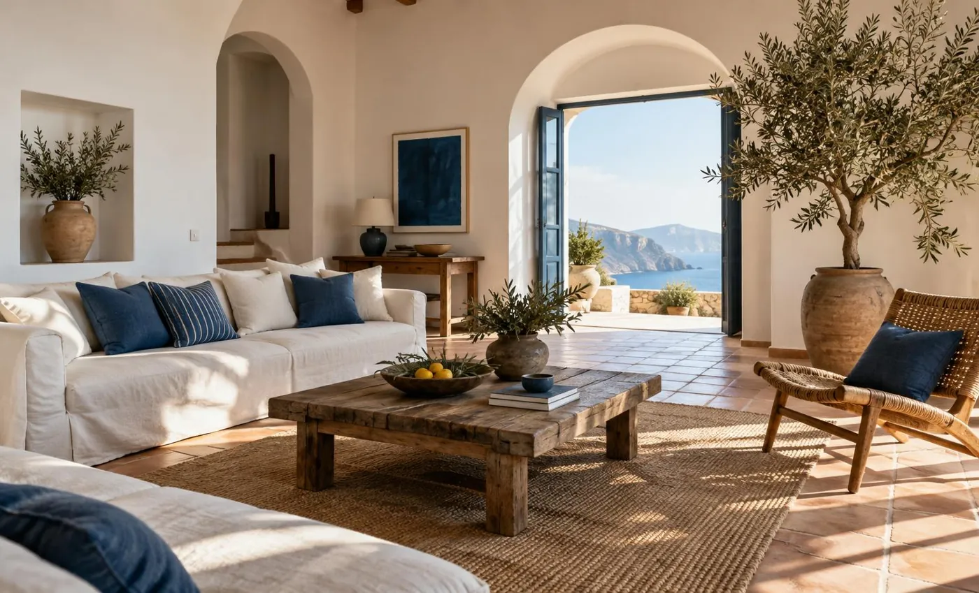 KI-generierte Illustration: mediterranes Wohnzimmer mit Meerblick