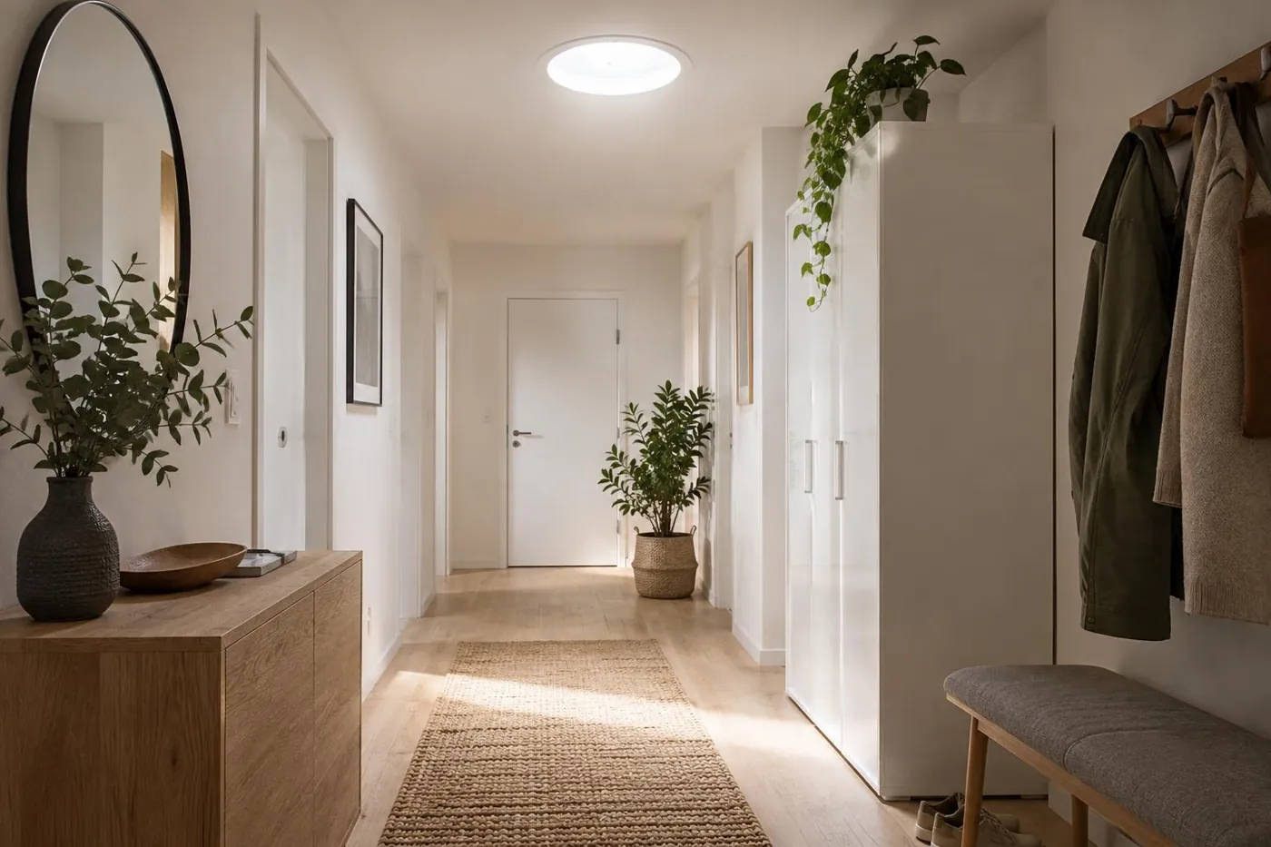 KI-generierte Illustration: Tageslichtöffnung im Flur mit rundem Lichtkamin-Diffusor