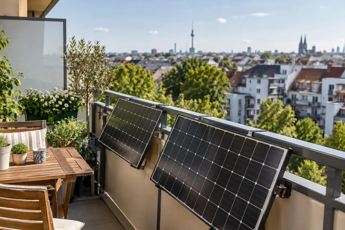 KI-generierte Illustration: Balkonkraftwerk mit Solarmodulen am Balkongeländer