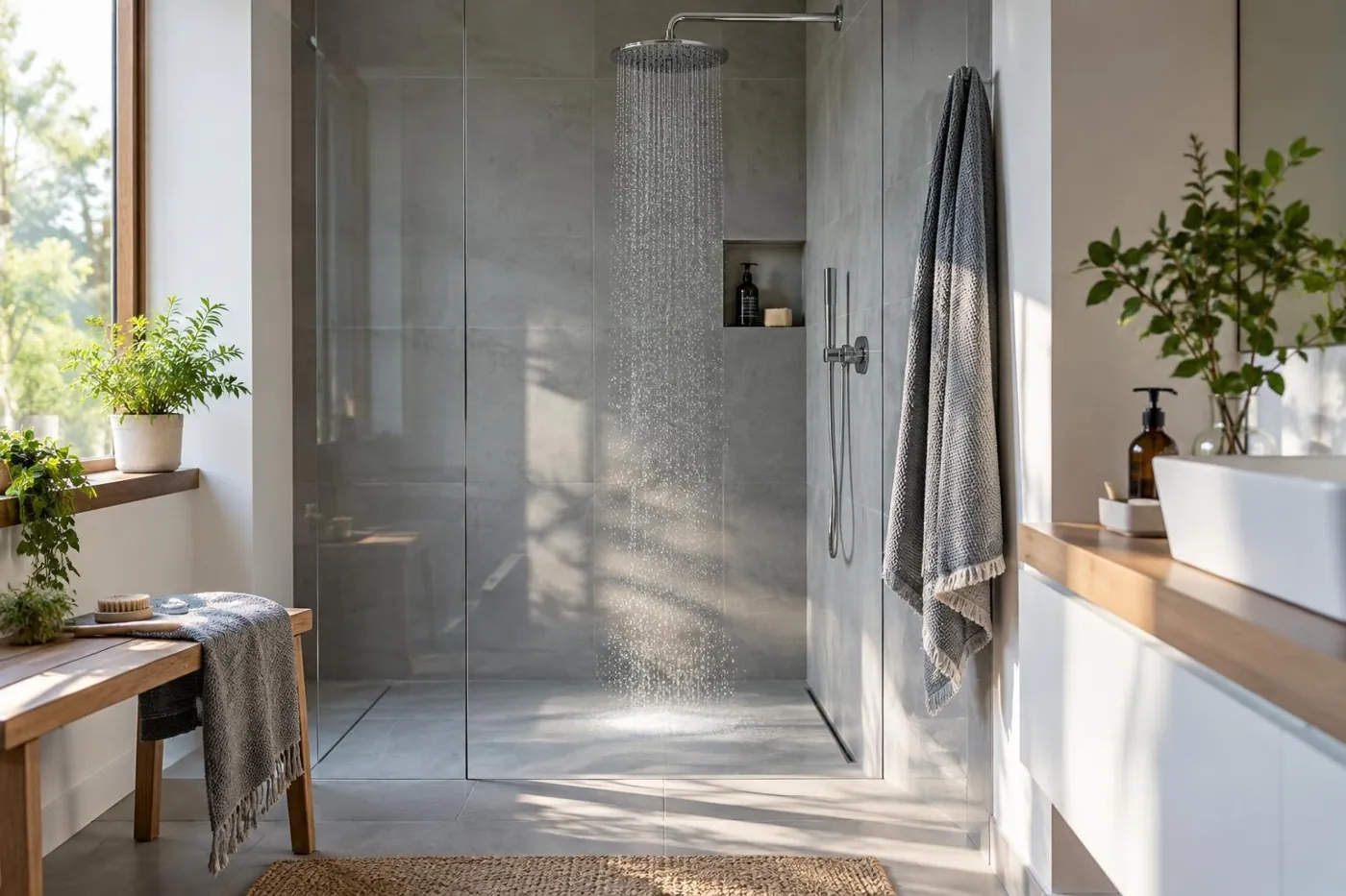 KI-generierte Illustration: Modernes Duschbad mit Handtüchern und Regendusche