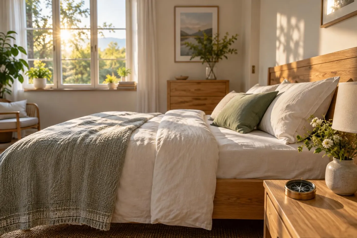 KI-generierte Illustration: Ruhiges Schlafzimmer mit Morgensonne am Fenster