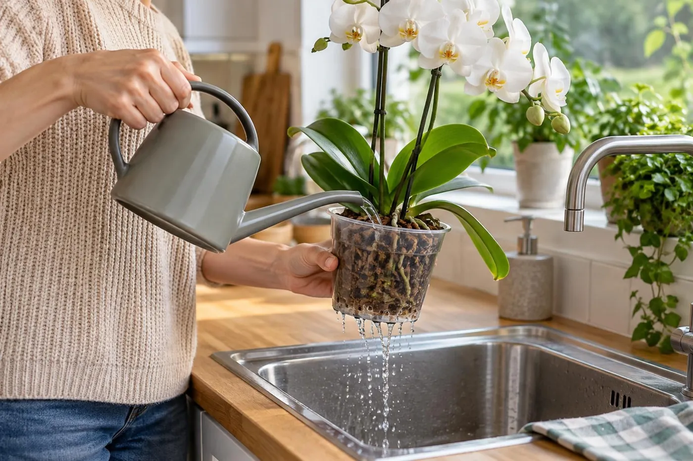 KI-generierte Illustration: Weiße Orchidee im transparenten Topf beim Gießen