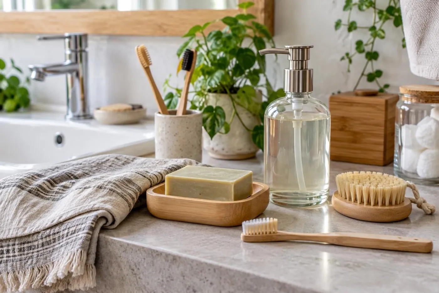 KI-generierte Illustration: Plastikfreie Badaccessoires mit Holz, Glas und fester Seife