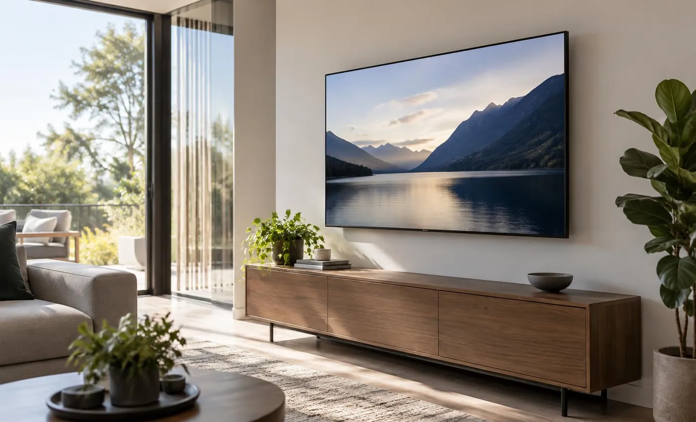 KI-generierte Illustration: Flachbildfernseher an einer schlanken Wandhalterung über einem Sideboard im Wohnzimmer