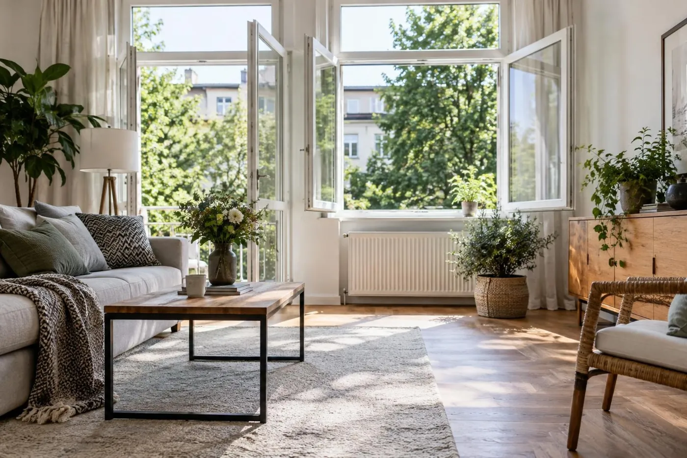 KI-generierte Illustration: Geöffnete Fenster zum Stoßlüften eines Wohnraums