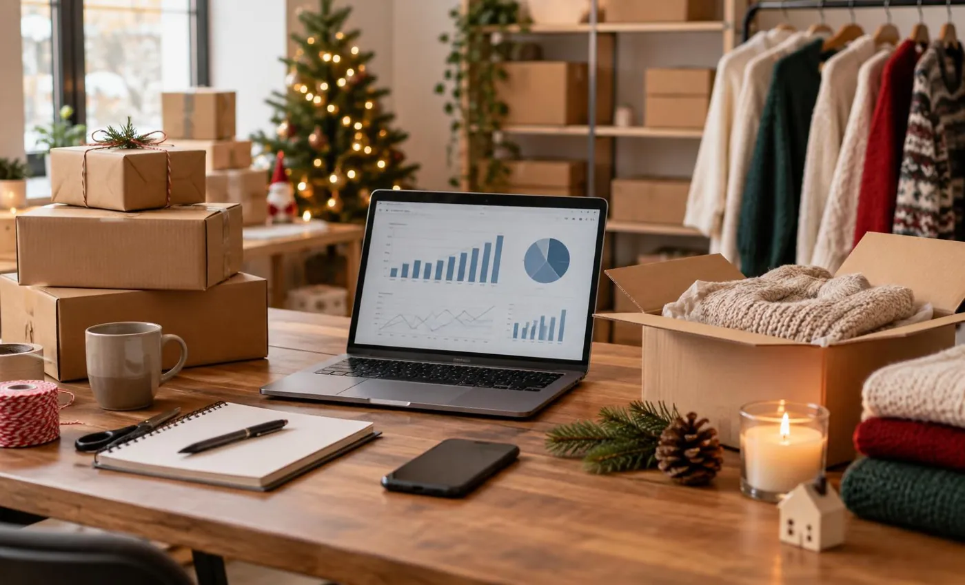 KI-generierte Illustration: E-Commerce-Arbeitsplatz mit Paketen