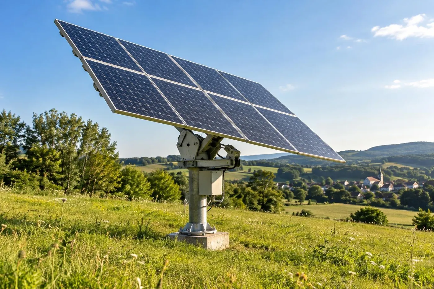 KI-generierte Illustration: Nachgeführte Solaranlage mit beweglichem Trägergestell