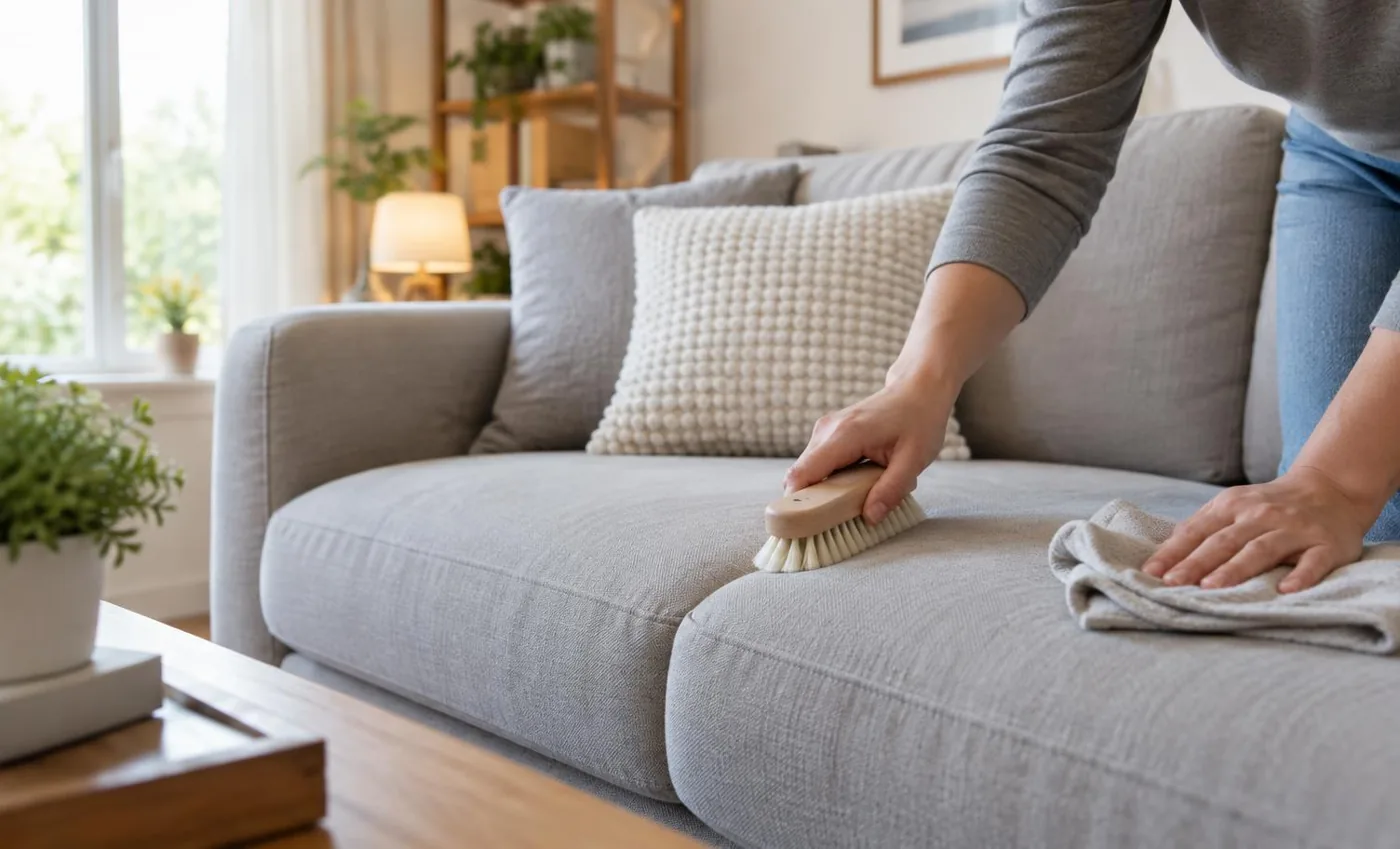 KI-generierte Illustration: Pflege eines grauen Stoffsofas mit Bürste und Tuch