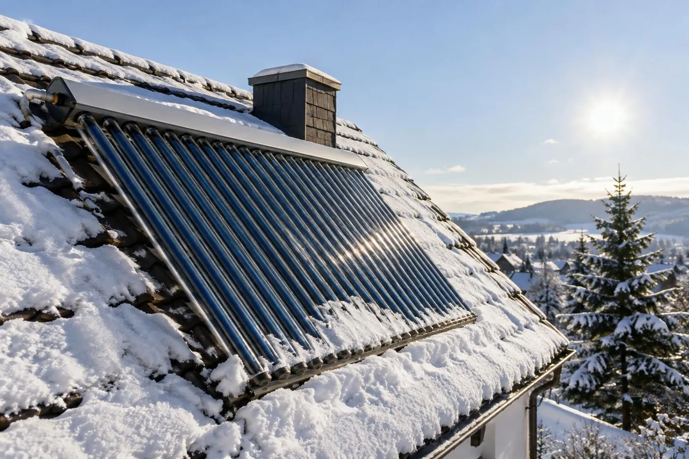 KI-generierte Illustration: Solarthermie-Kollektoren auf einem Hausdach im Winter
