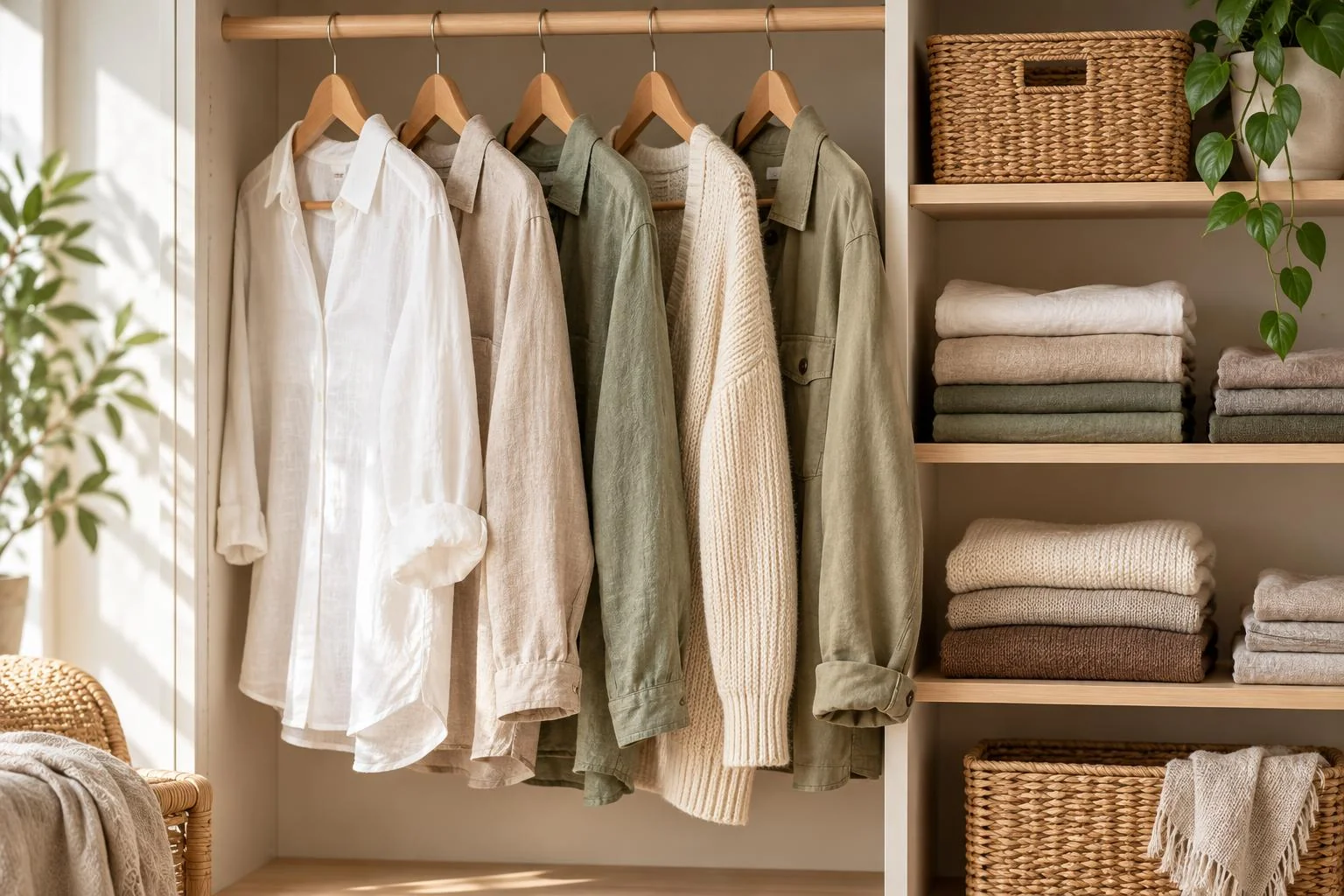 KI-generierte Illustration: Kleidung aus natürlichen Stoffen im Kleiderschrank