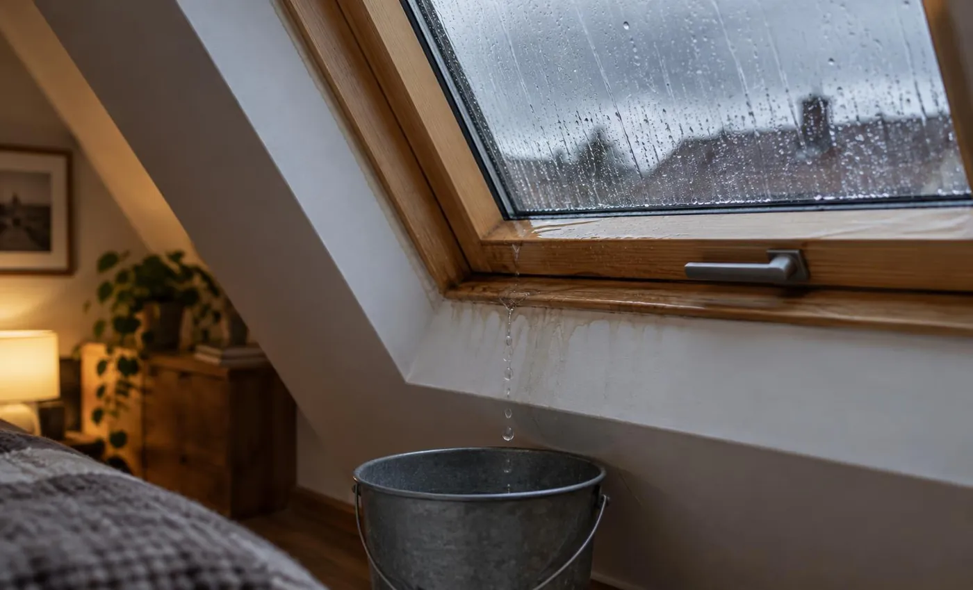 KI-generierte Illustration: undichtes Dachfenster bei Regen
