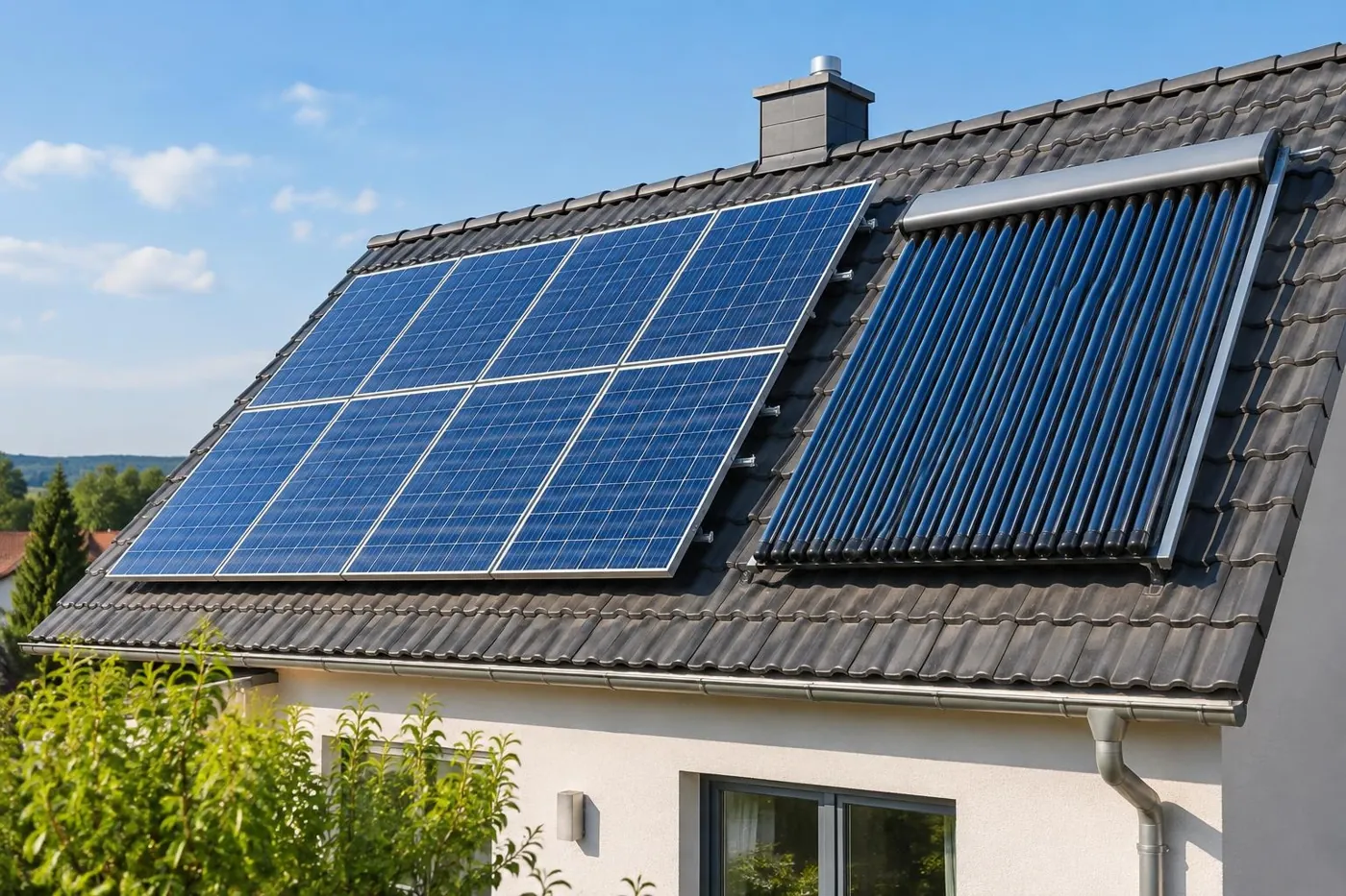 KI-generierte Illustration: Photovoltaikmodule und Solarthermie-Kollektor auf einem Hausdach