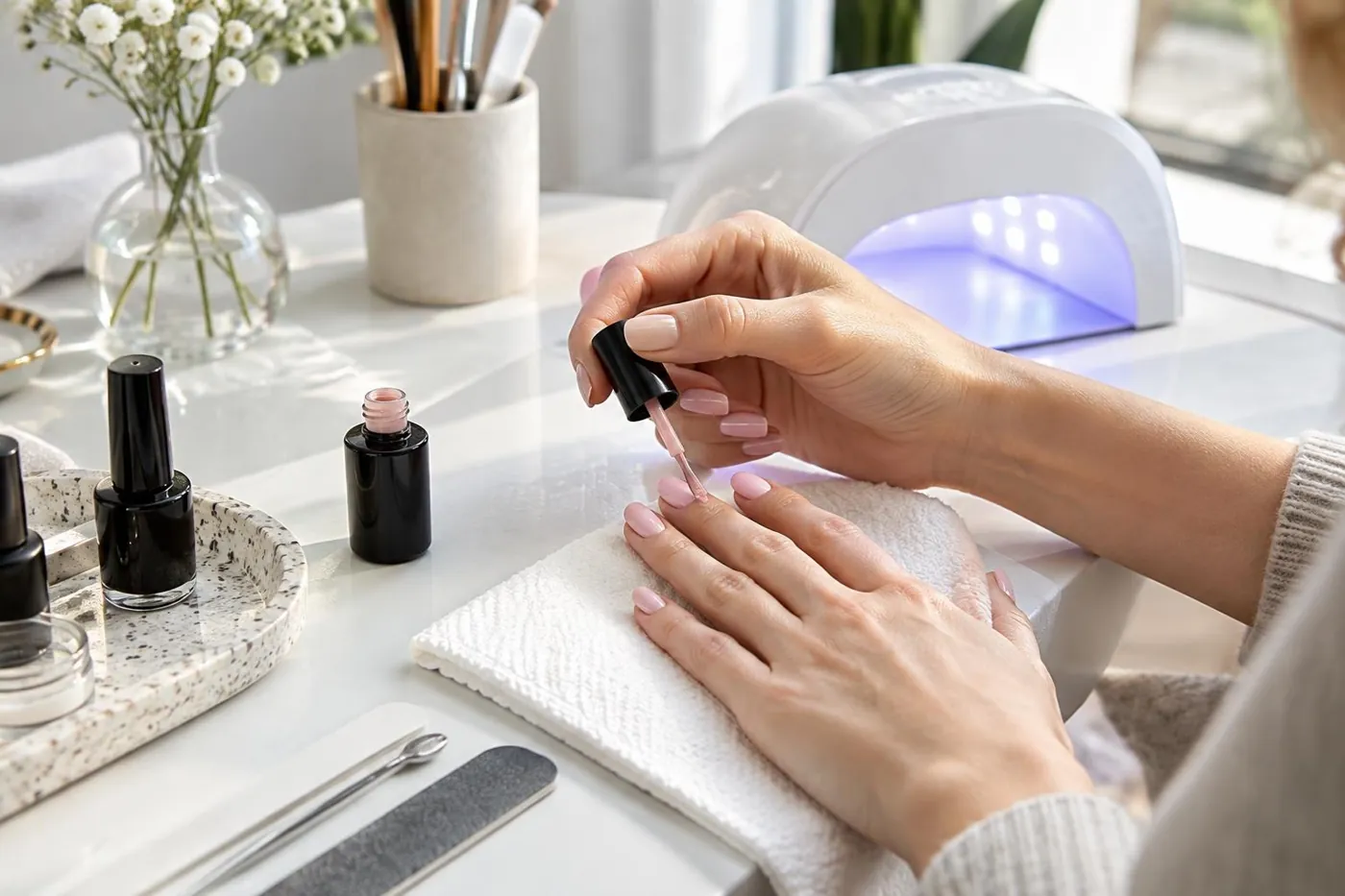 KI-generierte Illustration: Maniküre mit UV-Nagellack und UV-Lampe
