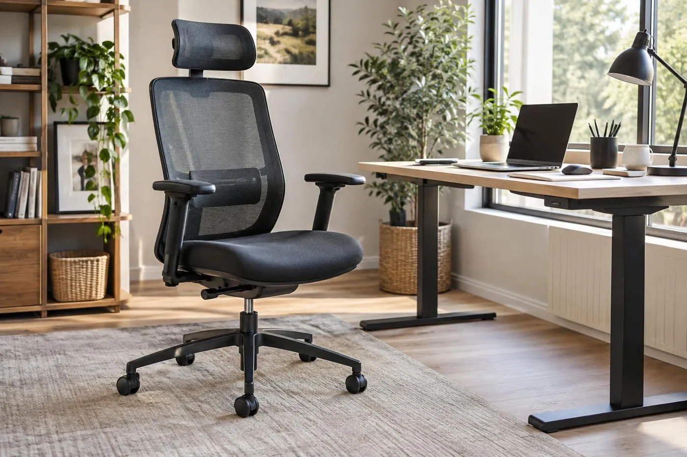 KI-generierte Illustration: Ergonomischer Bürostuhl mit verstellbarer Rückenlehne im Homeoffice
