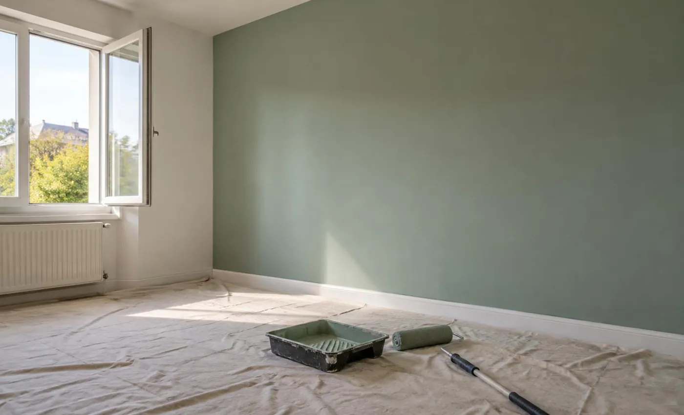 KI-generierte Illustration: frisch gestrichene Wand mit Farbrolle