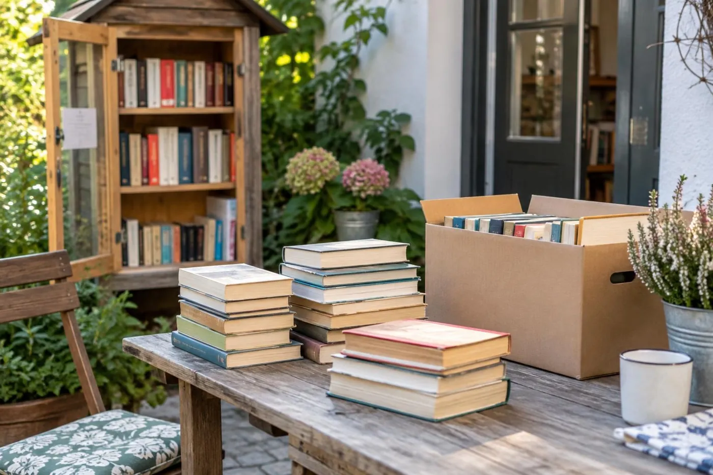 KI-generierte Illustration: Alte Bücher zur Weitergabe neben einem Bücherregal