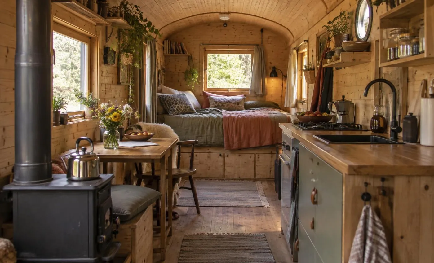 KI-generierte Illustration: Gemütliches Interieur eines ausgebauten Bauwagens mit Holzverkleidung und Miniküche