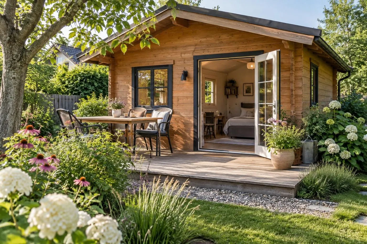KI-generierte Illustration: Kleines Gartenhaus mit Terrasse und wohnlich eingerichtetem Innenraum