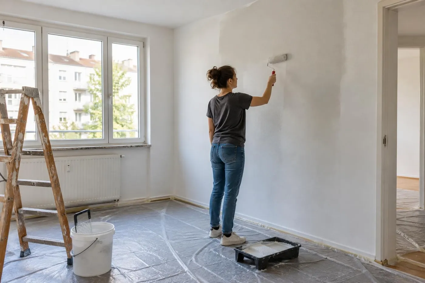 KI-generierte Illustration: Wandanstrich einer leeren Wohnung beim Auszug